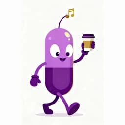 A tall orchid Wanderling striding along with a coffee cup