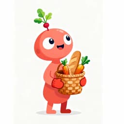 A coral Wanderling with a leafy radish on its head, carrying a woven basket of carrots and a baguette