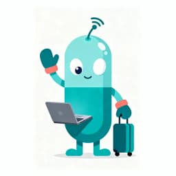 A teal Wanderling with a laptop and a rolling suitcase, waving